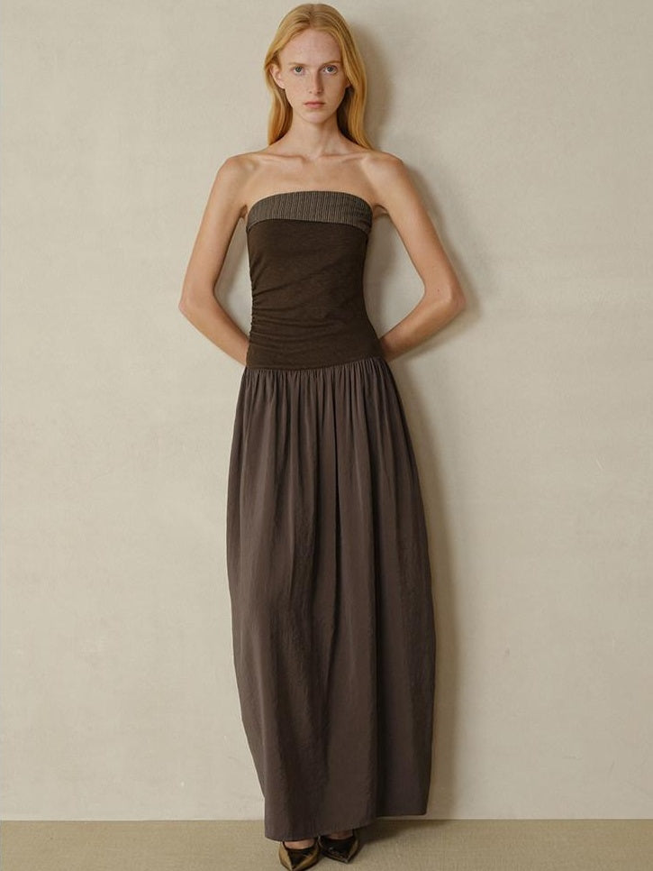 someonesometimes Tencel Modal Splice Slim Off Shoulder Strapless Casual Taupe Maxi Dresses