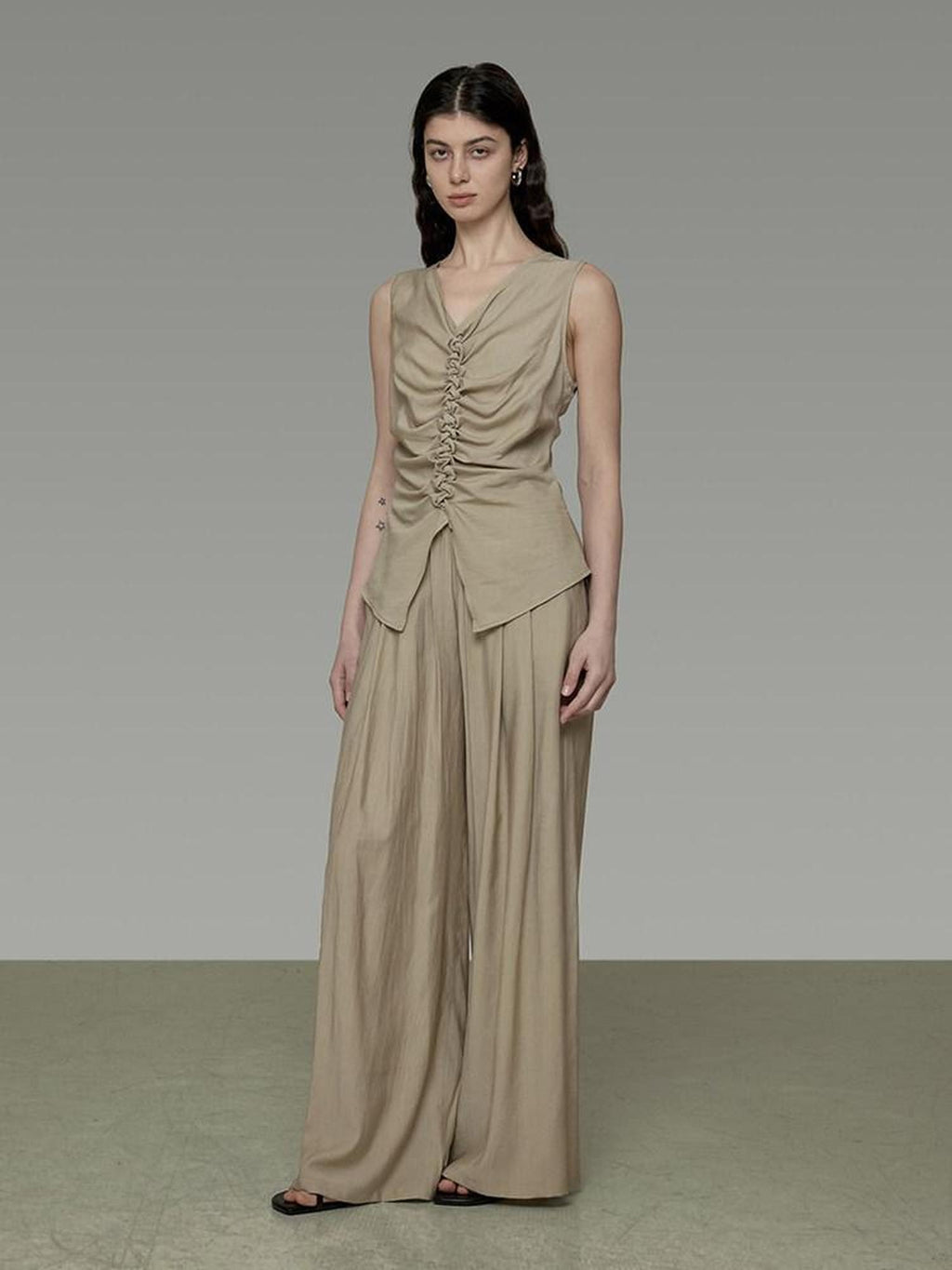 unspoken High Waist Pleated Elastic Workwear Khaki Viscose Wide Leg Pants