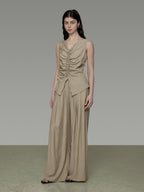 unspoken High Waist Pleated Elastic Workwear Khaki Viscose Wide Leg Pants