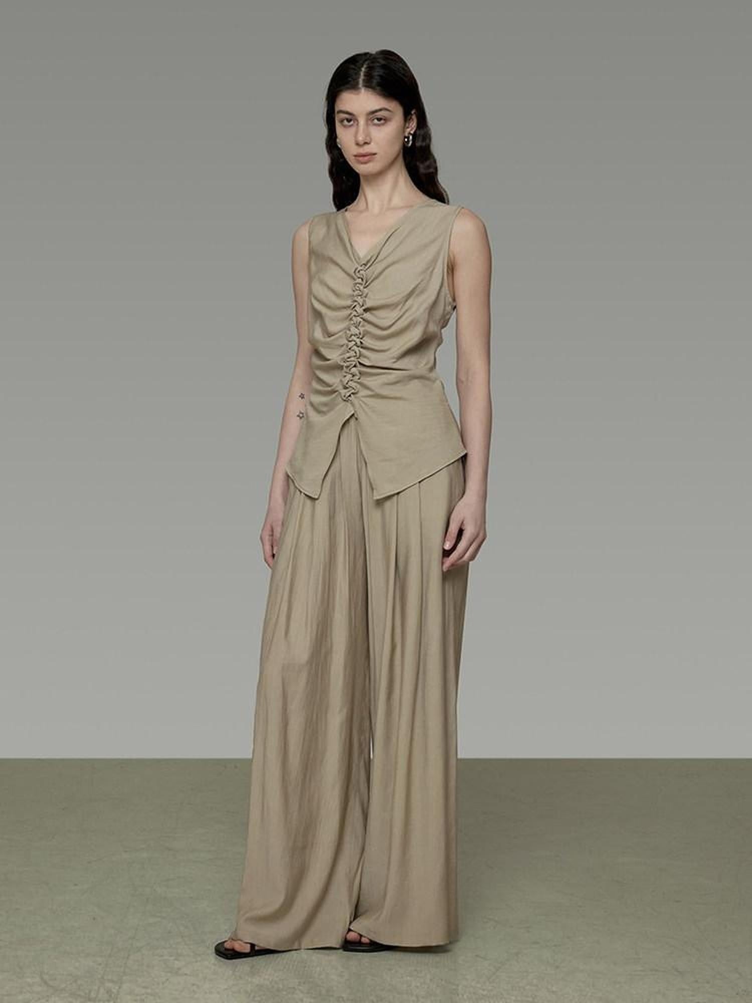 unspoken High Waist Pleated Elastic Workwear Khaki Viscose Wide Leg Pants