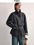 fano Minimal Commuter Straight Midlength Stand Collar Pocket Toggle Women Short Coat