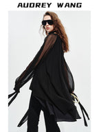 audreyyang Beaded Silk Elegant Loose Lantern Sleeve Tie Neck Black Midi Dresses