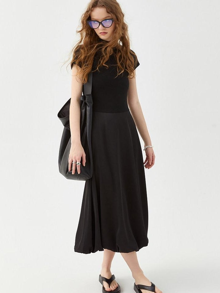 fano High Waist Minimalist Office A Line Short Sleeve Mock Neck Black Midi Dresses
