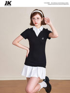 ikyou 100 Percent Cotton Waist Cinch Patchwork Collared Short Sleeve Midi Dresses