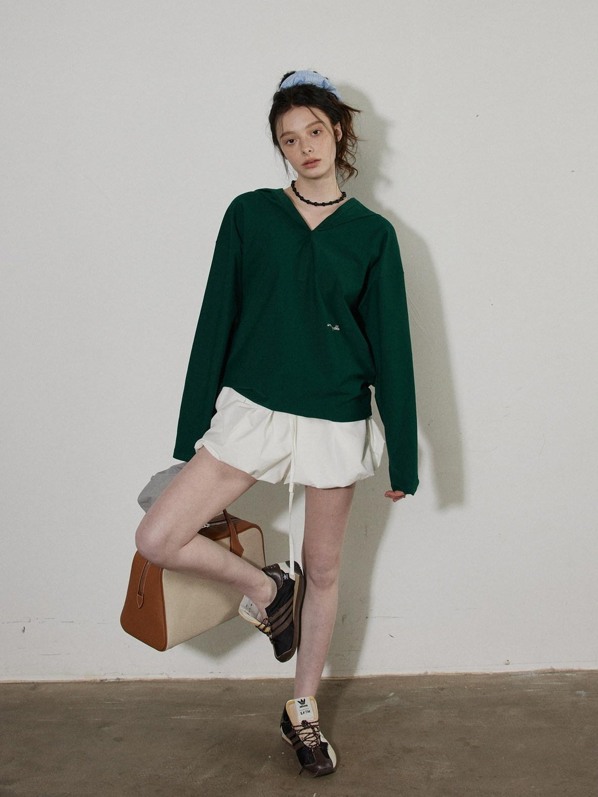 Lofi choose Cozy Loose Fit V-neck Hooded Commuter Style Women Green Gray Hoodie