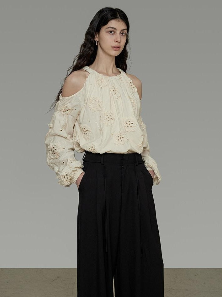 unspoken Breathable Skin Friendly Embroidered Loose Round Neck Long Sleeve Office Blouses