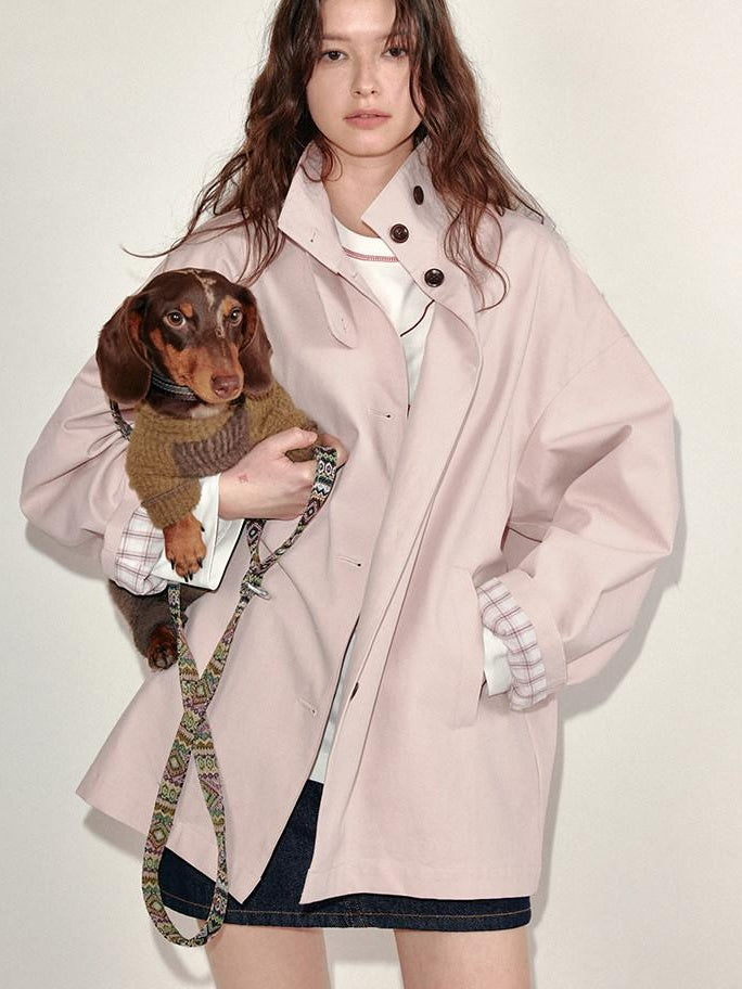 fano Peach Pink Cotton Lined Korean Loose Short Single Breasted Women Trench Coats
