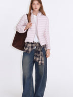 fano 90% White Duck Down Warm Slim Short Stand Collar Zipper Pink Down Jackets