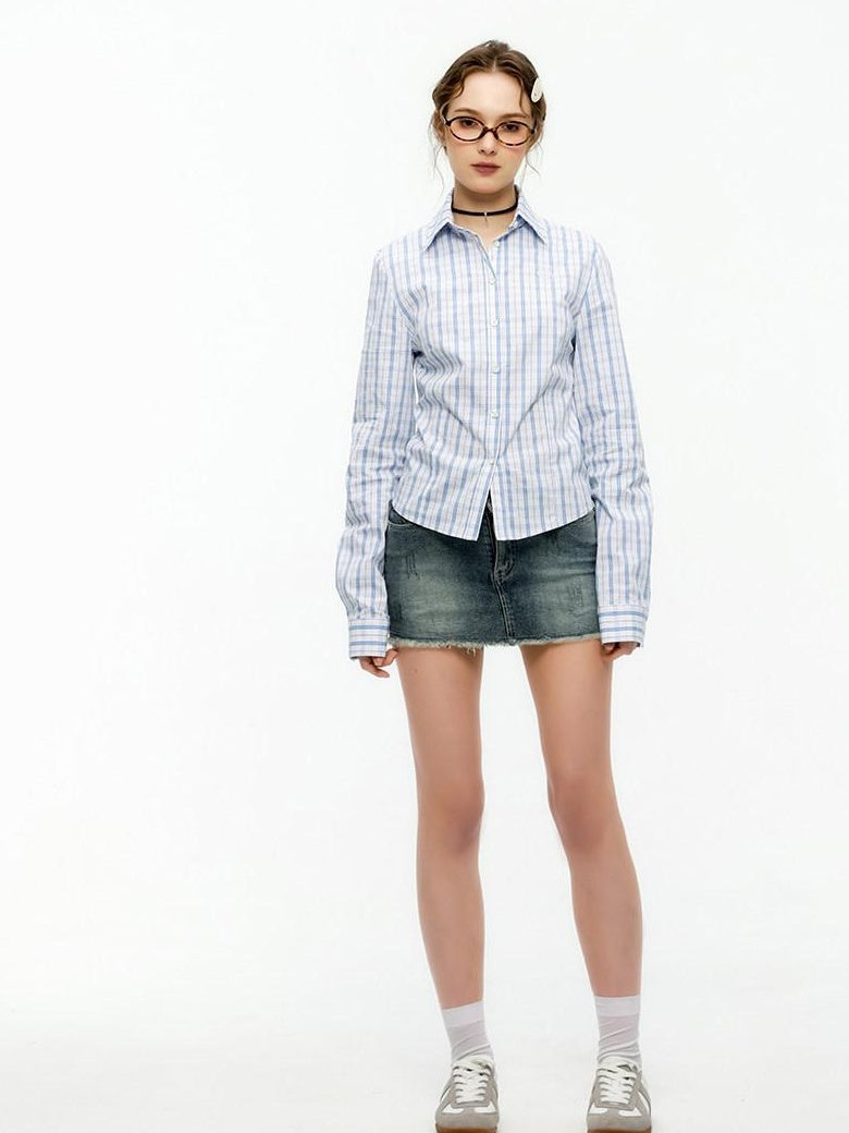 ikyou Stretch Cotton Blend Low Waist Fitted Distressed Fringe Lined Denim Mini Skirts