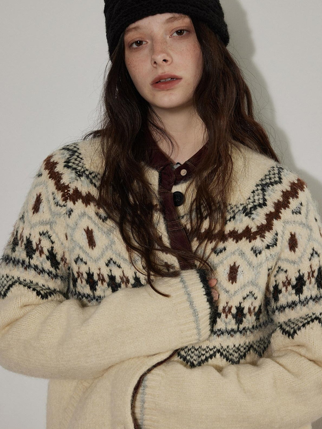 Lofi choose Soft Thick Knit Retro Geometric Button Front Round Neck Women Cream Cardigans
