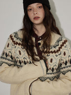 Lofi choose Soft Thick Knit Retro Geometric Button Front Round Neck Women Cream Cardigans