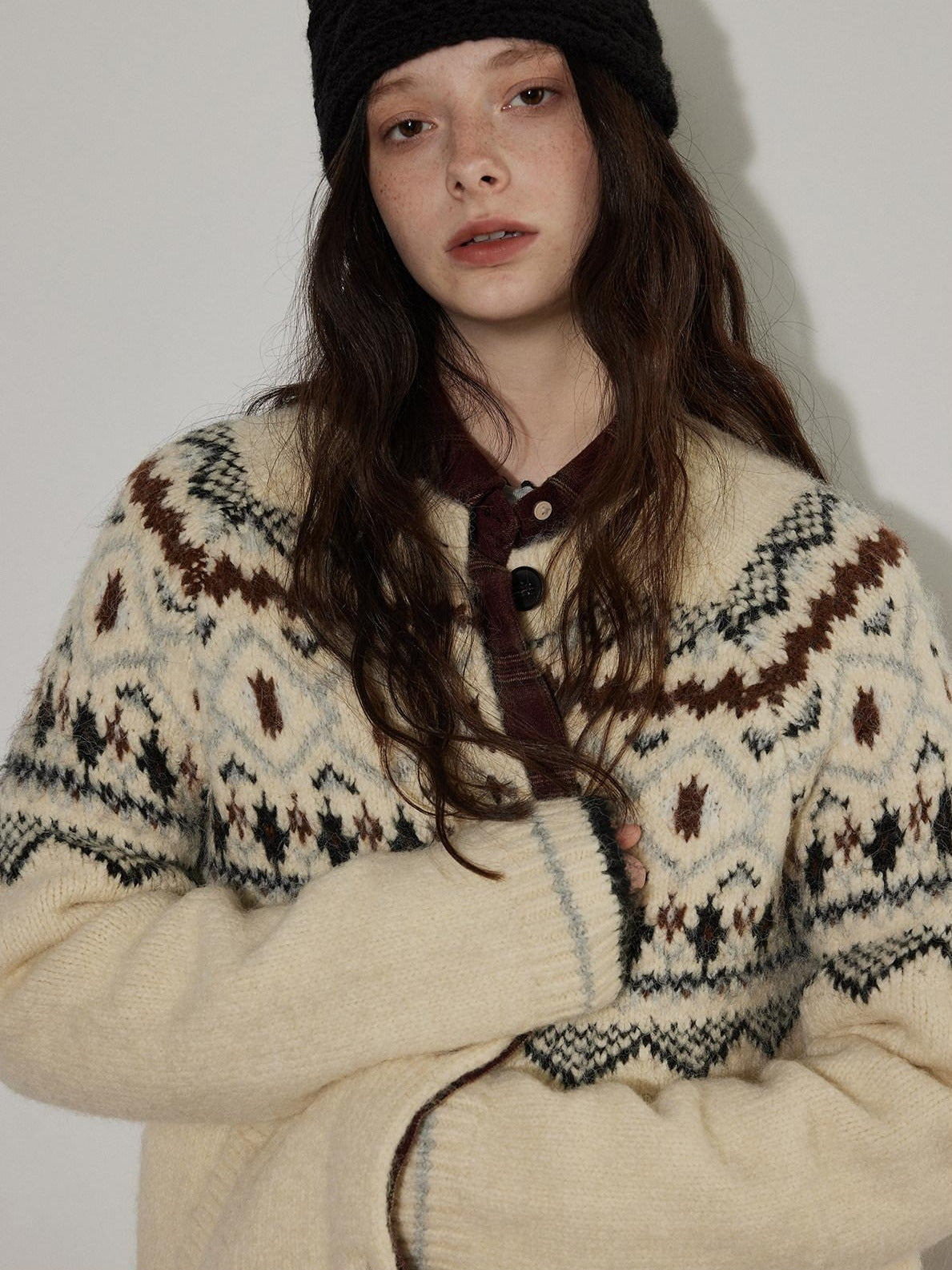 Lofi choose Soft Thick Knit Retro Geometric Button Front Round Neck Women Cream Cardigans