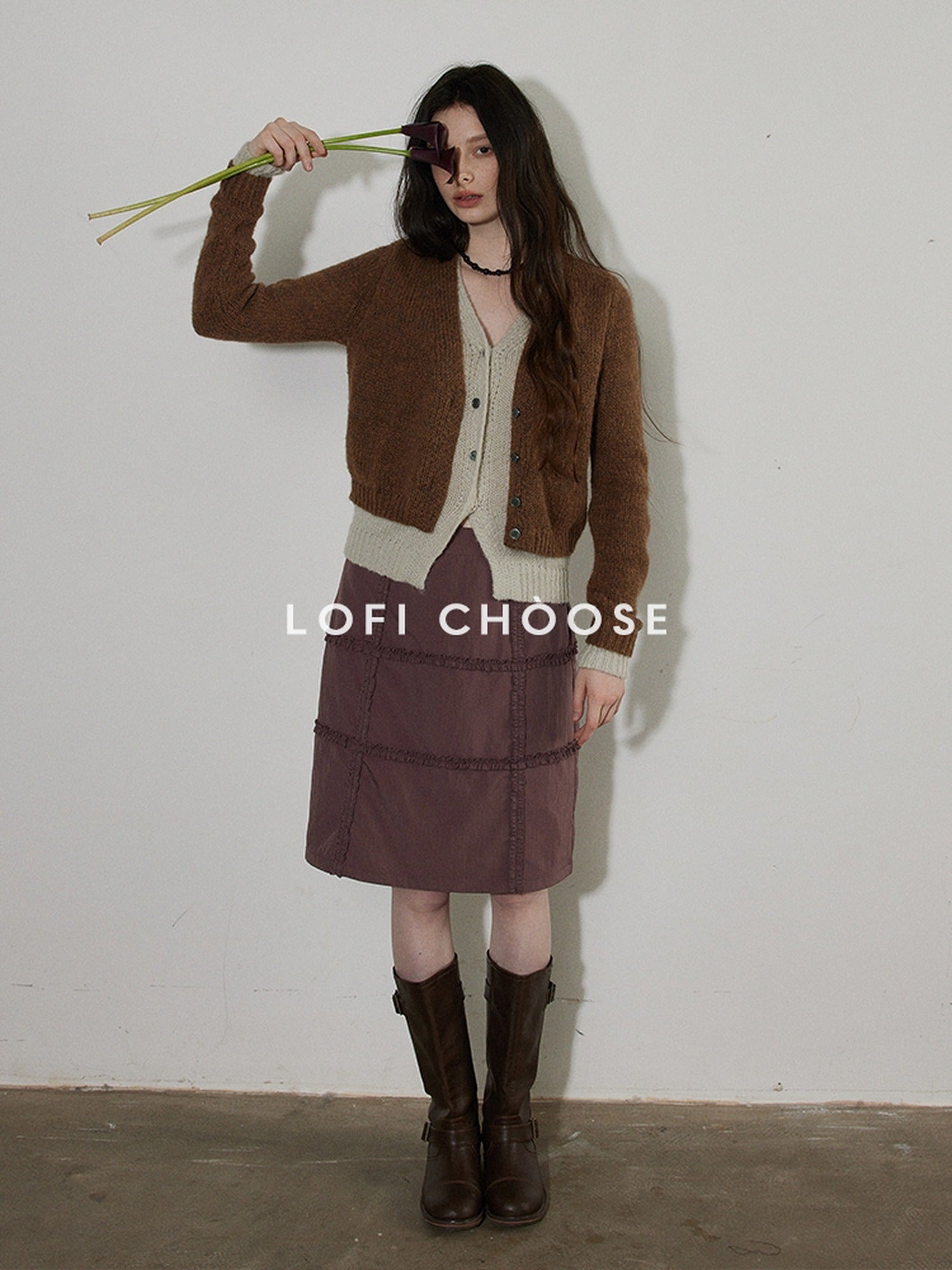 Lofi choose Faux Two Piece Layered Loose Fit V-neck Button Front Office Women Knit Cardigans