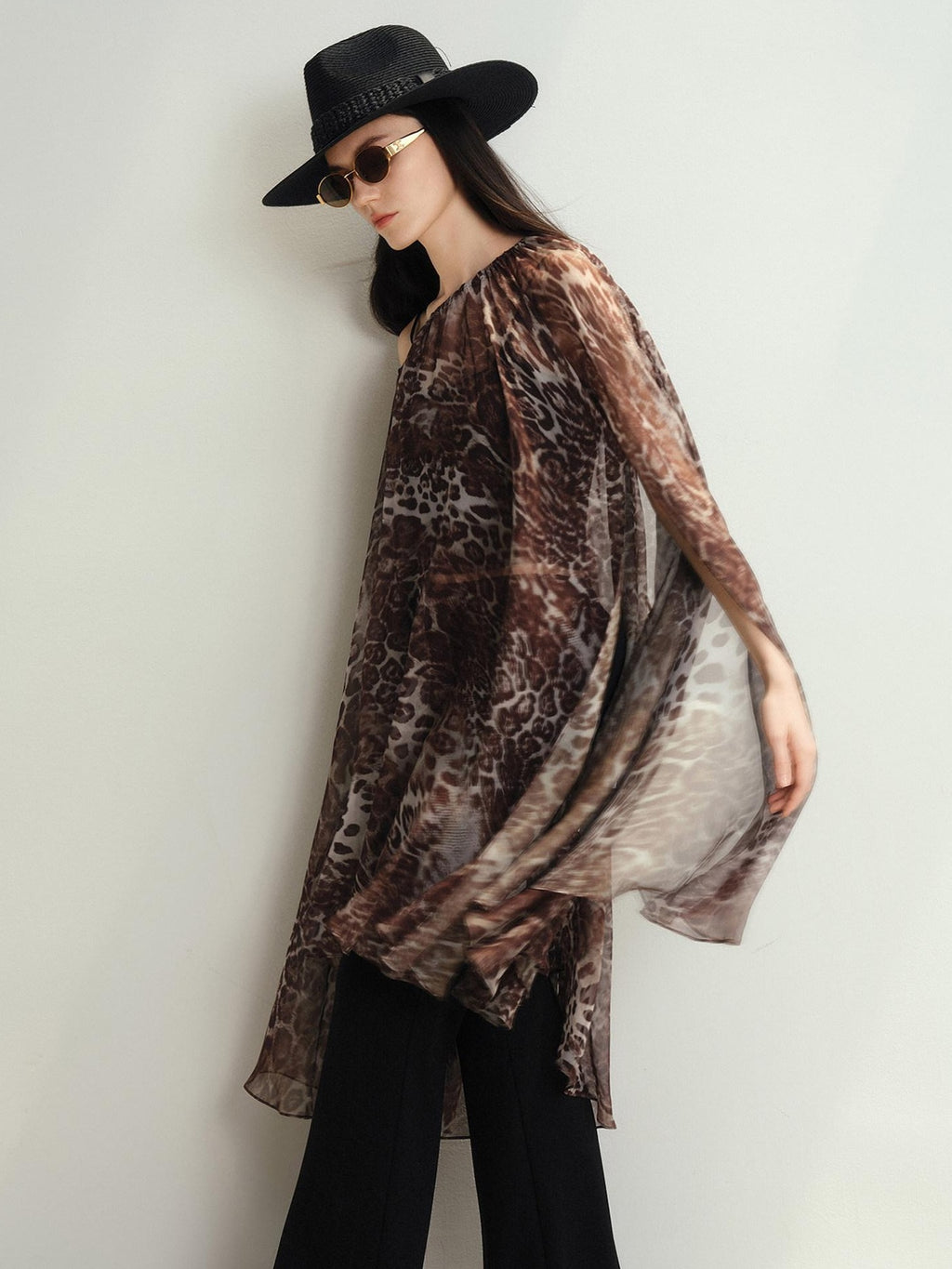 audreyyang Soft Leopard Mesh Off Shoulder A Line Loose Waist Casual Women Midi Dresses