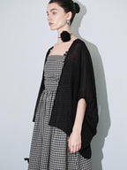 audreyyang Light Hemp Knit Relaxed Batwing V-neck Women Black Open Front Cardigans