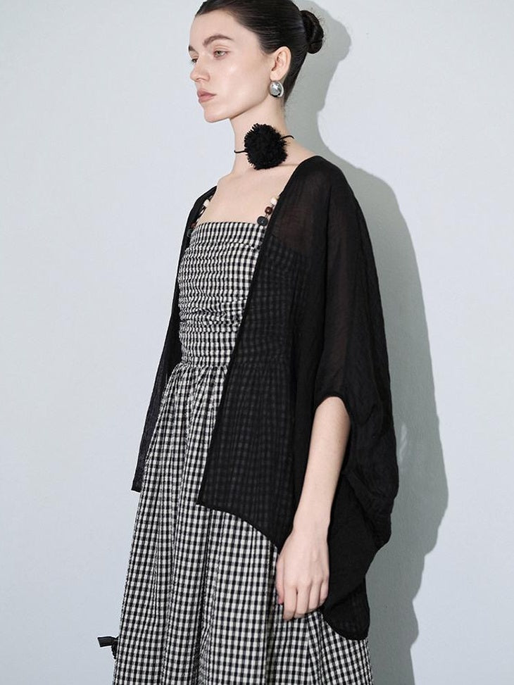 audreyyang Light Hemp Knit Relaxed Batwing V-neck Women Black Open Front Cardigans