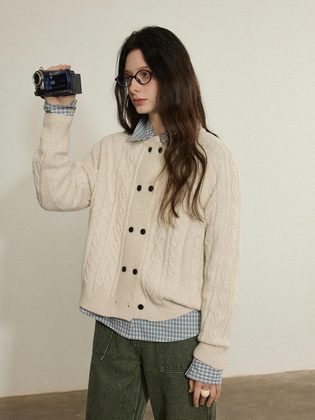 Lofi choose Soft Wool Blend Loose Fit Commuter Open Front Double Button Knit Women Cardigans