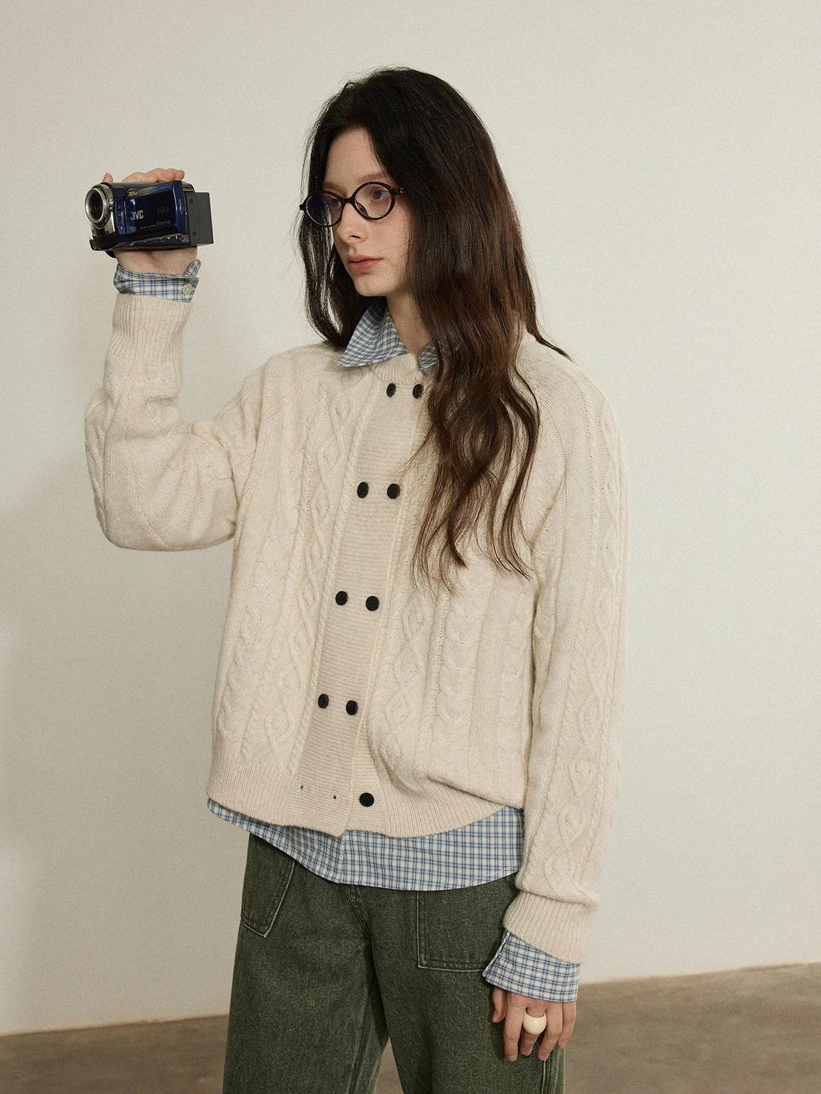 Lofi choose Soft Wool Blend Loose Fit Commuter Open Front Double Button Knit Women Cardigans
