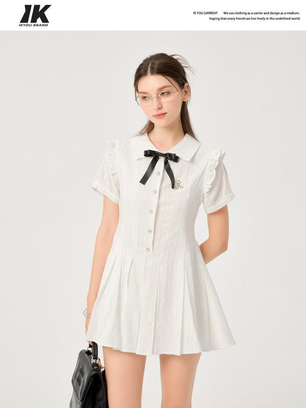 ikyou Pure Cotton Cinched Waist Minimal A Line Short Sleeve White Women Midi Dresses