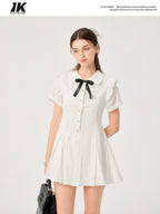 ikyou Pure Cotton Cinched Waist Minimal A Line Short Sleeve White Women Midi Dresses