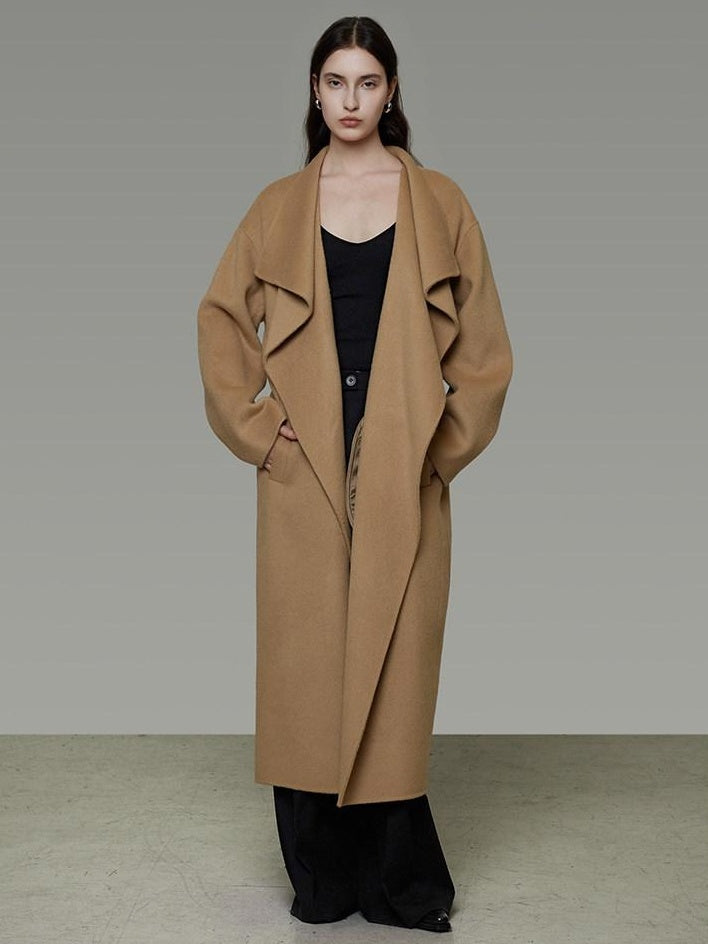 unspoken Thick 100 Percent Sheep Wool Long Loose Lapel Minimalist Sand Brown Wool Coats