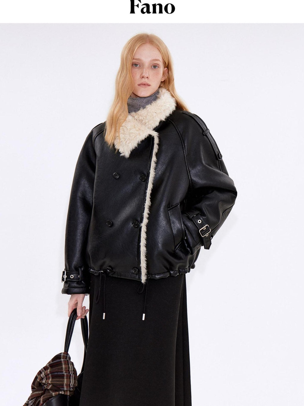 fano Warm Shearling High Collar Double Breasted Loose Fit Women Black Leather Jackets
