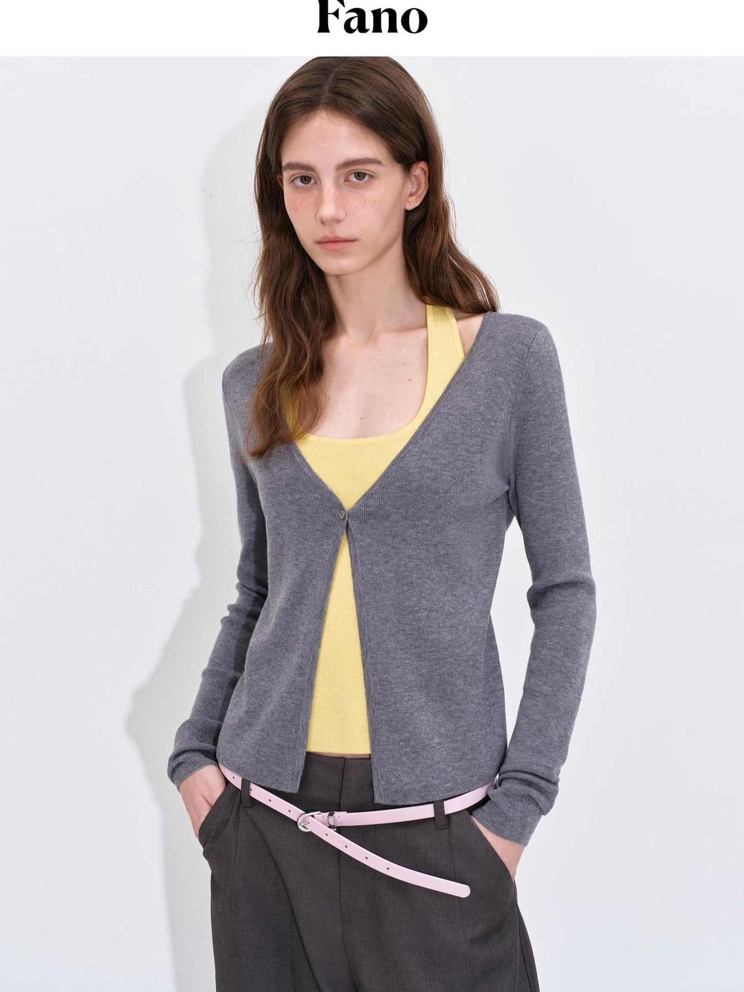 fano Soft Breathable Korean V-neck Slim Faux Layered Colorblock Cardigans