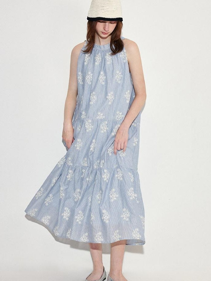 fano 100 Percent Cotton Sleeveless A Line Korean Commuter Women Blue Maxi Dresses