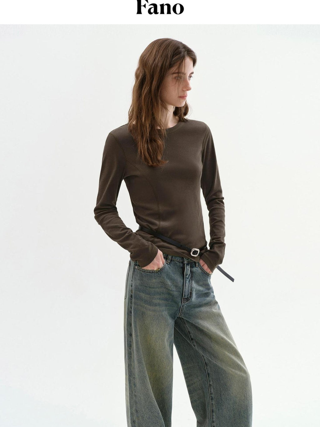 fano Lyocell Blend Slim Fit Minimal Commuter Crew Neck Women Long Sleeve T-Shirts