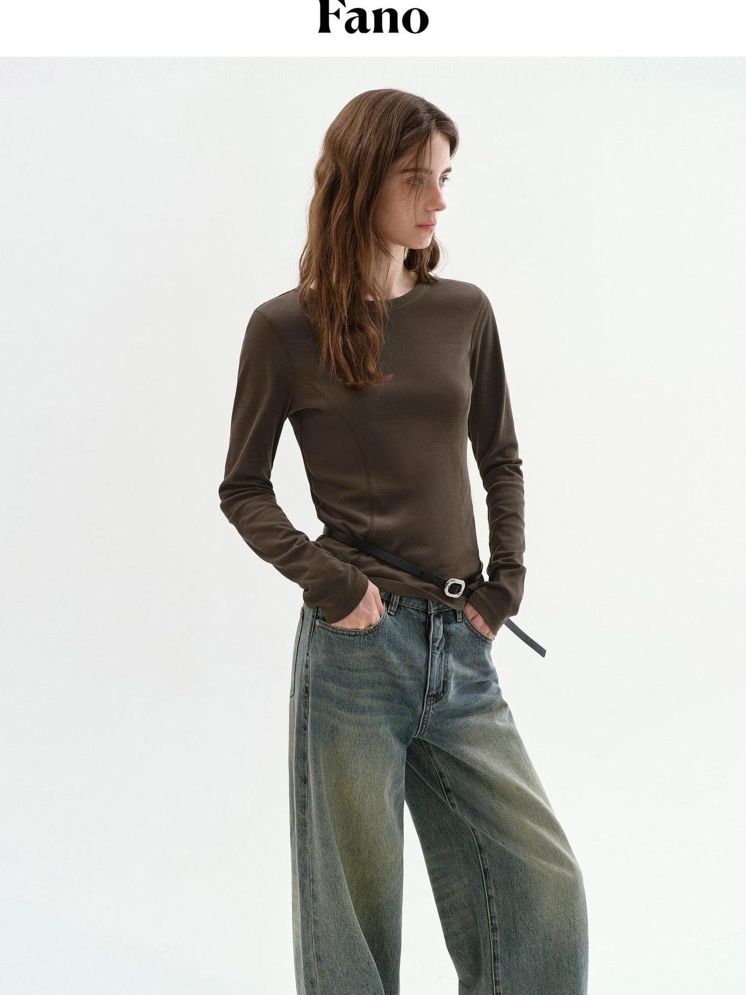 fano Lyocell Blend Slim Fit Minimal Commuter Crew Neck Women Long Sleeve T-Shirts