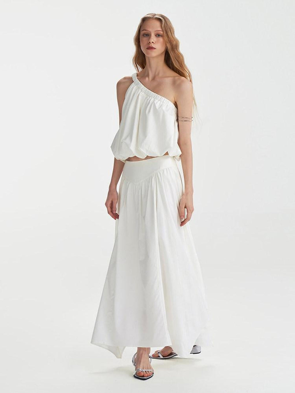 someone sometimes Soft Cotton One Shoulder Crop Ages 18 25 Milk White Matching Top & Skirt Sets