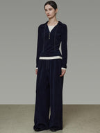 unspoken Breathable Slim Fit V-neck Knit Three Piece High Waist Navy Women Lounge Sets