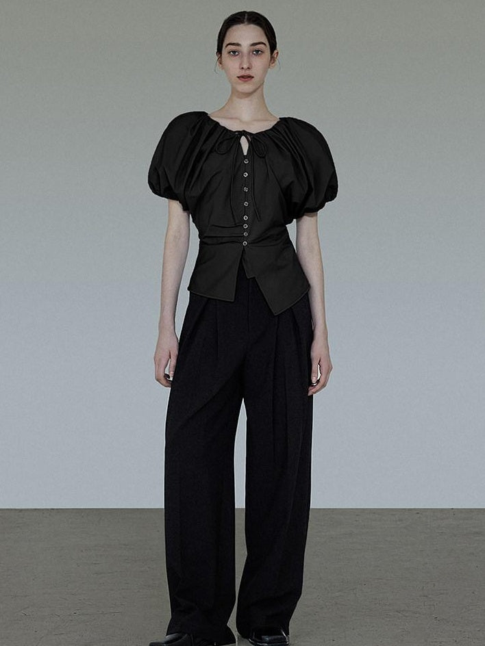 unspoken Breathable Cotton Tie Waist Puff Sleeve Commuter Women Round Neck Button Blouses