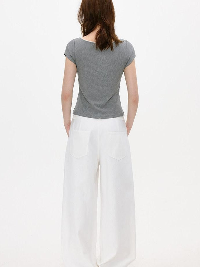 fano Soft V-neck Stretch Slim Fit Korean Office Short Sleeve Grey Basic Crop Tops