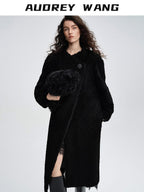 audreyyang Warm Thick Midlength Retro Loose Fit Stand Lamb Collar Women Wool Coats