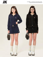 ikyou Sleek Slim Fit Zip Up Patchwork Pockets Commuter Cotton Lined Hoodie
