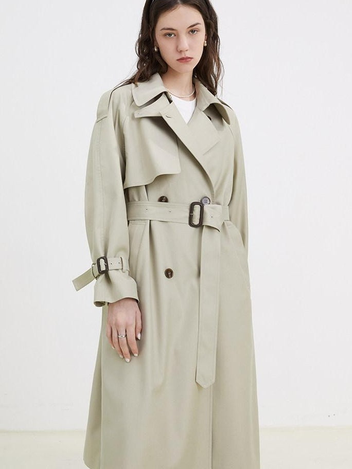 fano Classic Double Breasted Long Straight Fit Commuter Women Khaki Trench Coats
