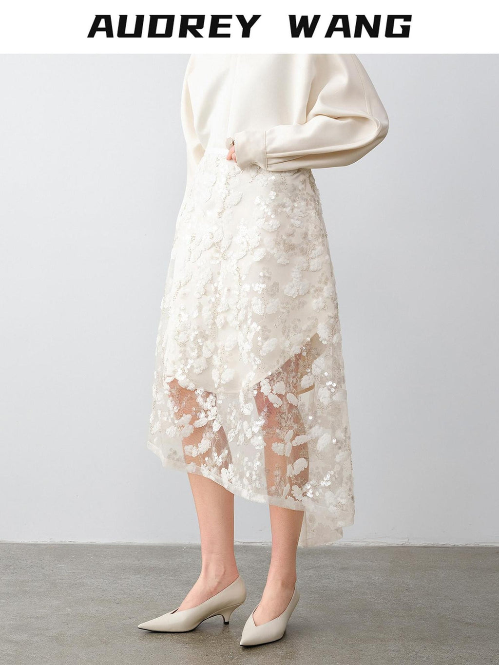audreyyang Shimmering Sequin Lace Asymmetrical Mid Rise Tie Waist Women White Midi Skirts