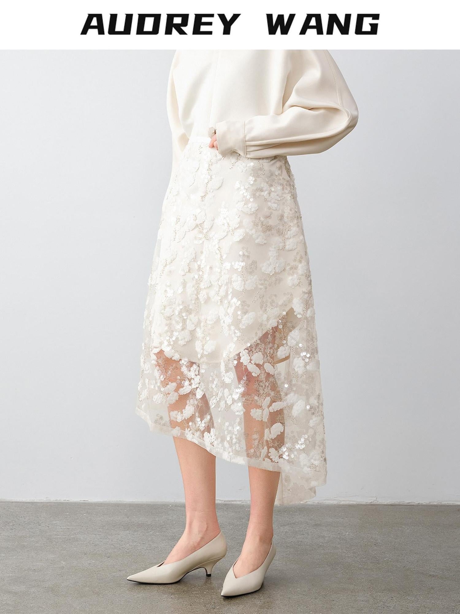 audreyyang Shimmering Sequin Lace Asymmetrical Mid Rise Tie Waist Women White Midi Skirts