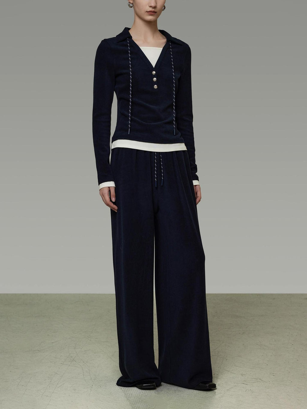 unspoken Breathable Slim Fit V-neck Knit Three Piece High Waist Navy Women Lounge Sets