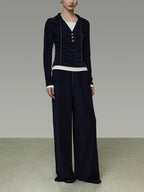 unspoken Breathable Slim Fit V-neck Knit Three Piece High Waist Navy Women Lounge Sets