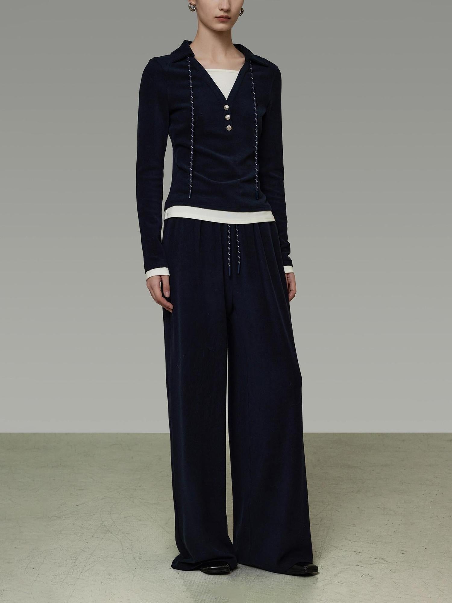 unspoken Breathable Slim Fit V-neck Knit Three Piece High Waist Navy Women Lounge Sets