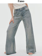 fano Comfortable Relaxed Natural Waist Zipper Fly Light Blue Straight Leg Jeans