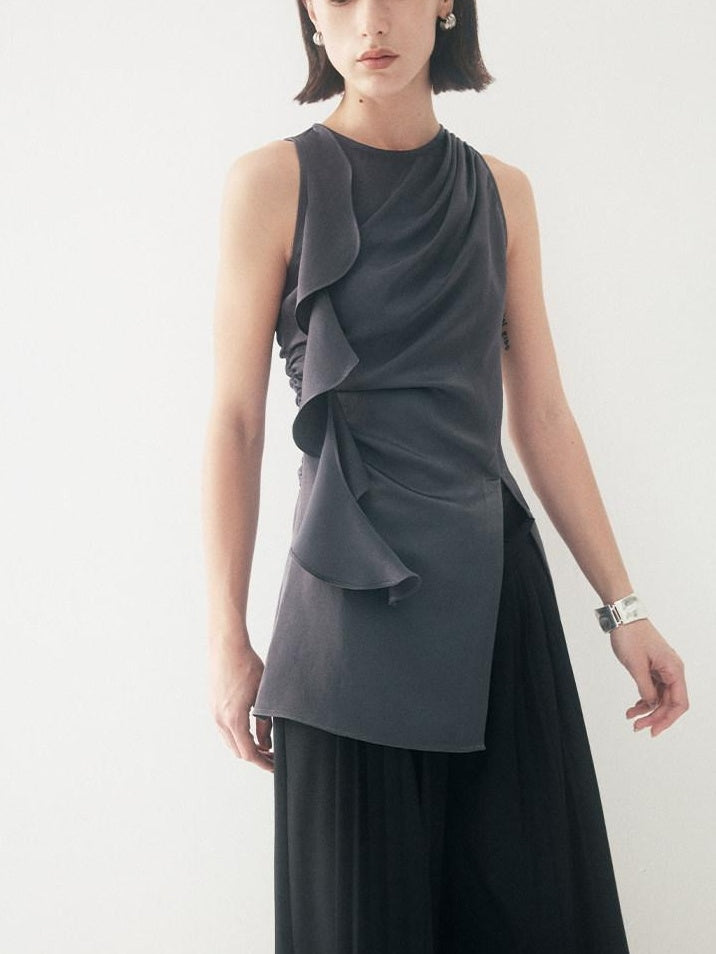 someonesometimes Satin Strappy Original Design Slim Fit Elegant Gray Off Shoulder Crop Tops