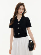 ikyou Soft Stretch Cotton V-neck Slim 3D Commuter Women T Shirt Basic Crop Tops