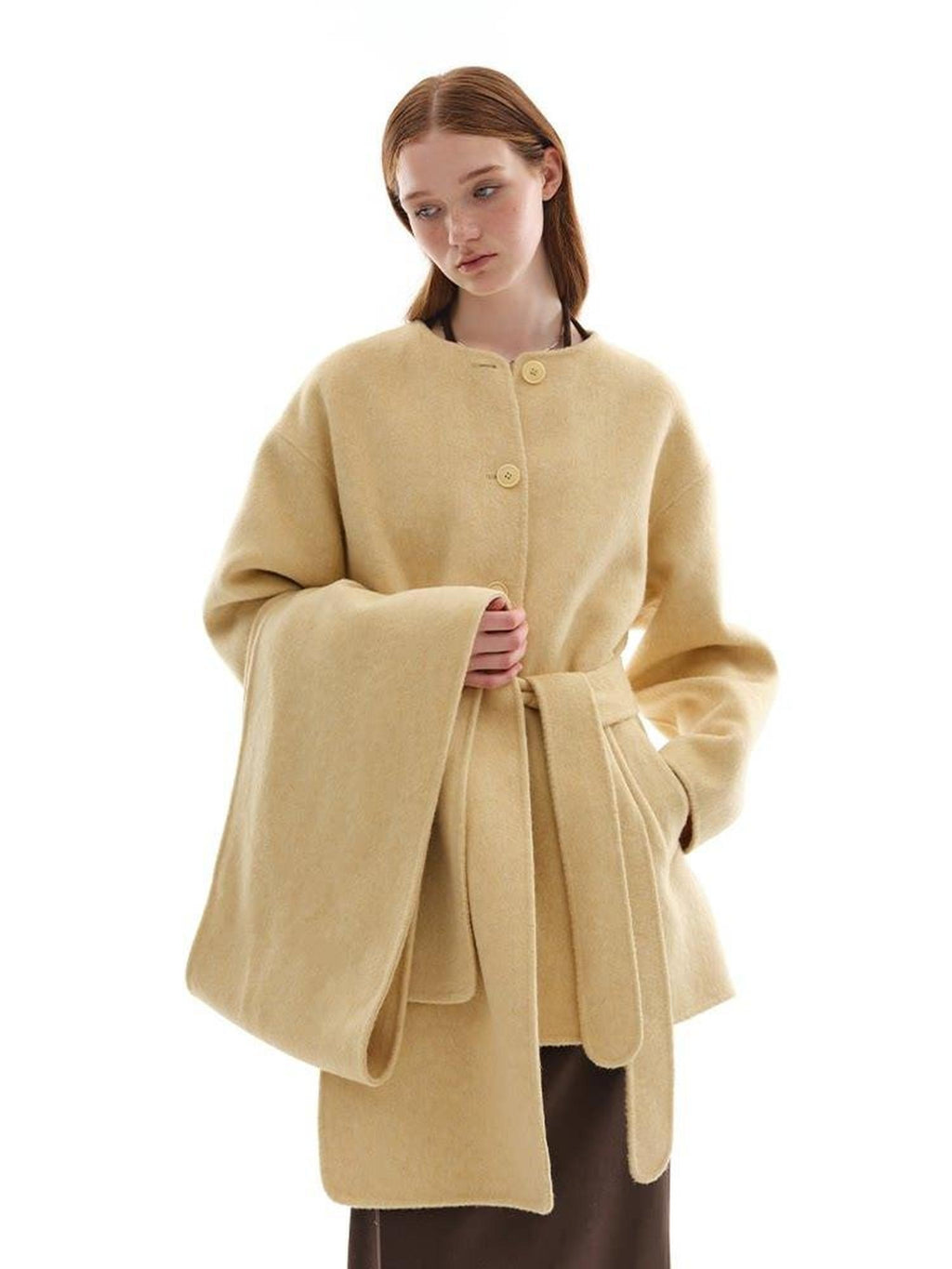someone sometimes Minimalist Belted Roundneck Single Breasted 50 Percent Wool Yellow Wool Coats