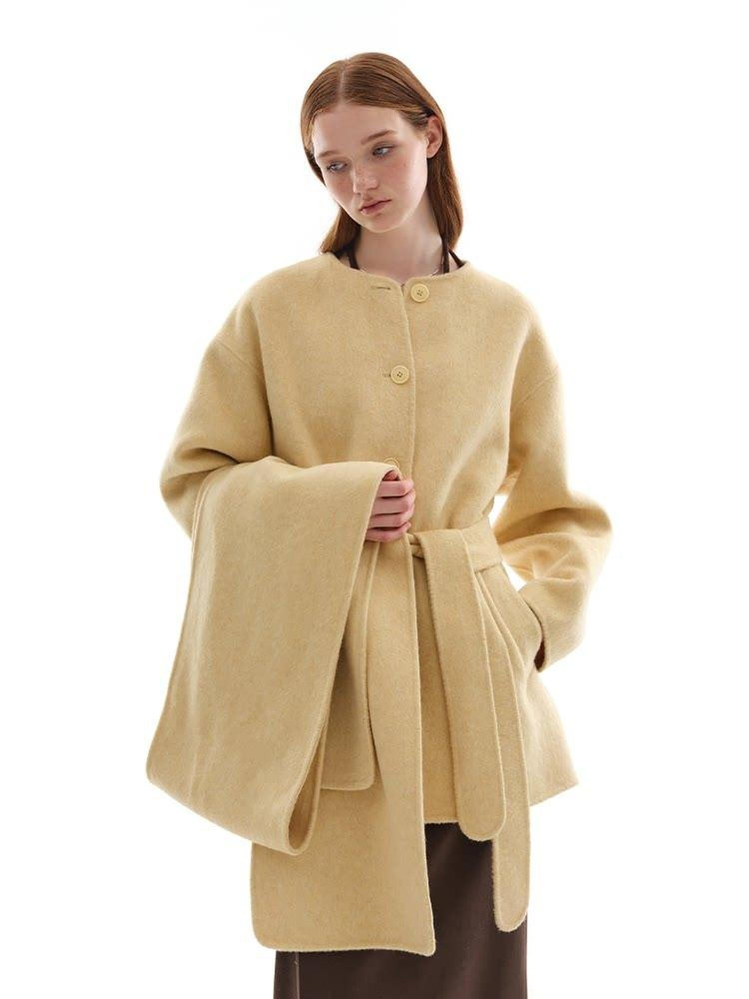 someone sometimes Minimalist Belted Roundneck Single Breasted 50 Percent Wool Yellow Wool Coats
