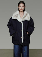 unspoken Fur Lined Thick Minimal Commuter Loose 3D Tailored Cotton Navy Puffer Jackets