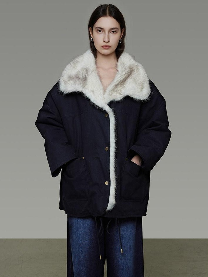 unspoken Fur Lined Thick Minimal Commuter Loose 3D Tailored Cotton Navy Puffer Jackets