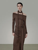 unspoken Slim Pleated Minimalist Workwear Women Pullover Polyester Brown Top & Skirt Sets
